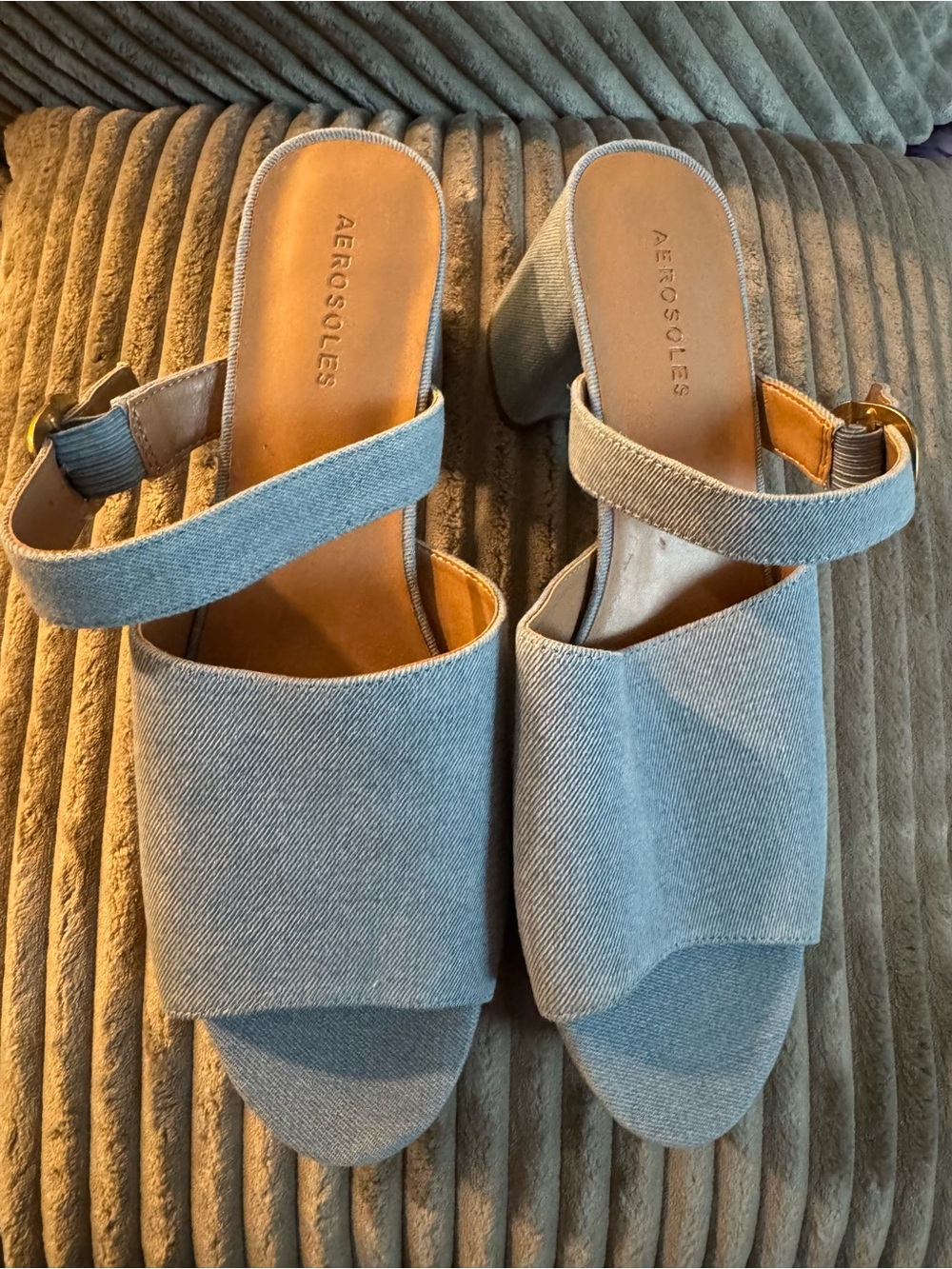 AEROSOLES Light Blue Denim Block Heel Mules